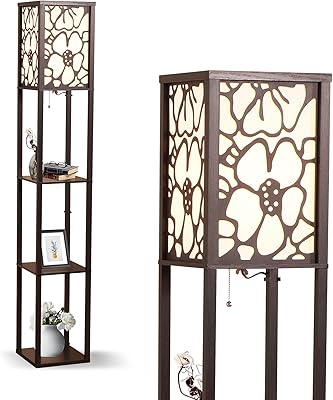 Modern LED floor lamp on 3 levels Janed for display and storage for living room, bedroom, desk, standing lamp with Asian wood with wood grain pattern and flax flower.. DIAYTAR NIGERIA: Your partner in affordable online shopping with dependable delivery within 8 days.