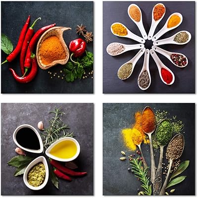 Byradecor 4 pieces colorful spices and spoon, printing on vintage canvas, still lifes' paintings for the house, the kitchen, the decoration of the living room.. Experience the future of online shopping with DIAYTAR NIGERIA's extensive product range and competitive pricing.