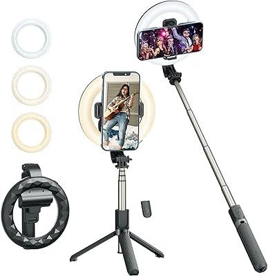 Hexar Selfie Stick with 6 -inch light ring, tripod and phone support, 3 -in -1 portable led tripod, 3 color with variable intensity for smartphones with wireless bluetooth remote control.. Shop smart, shop DIAYTAR — Nigeria’s trusted e-commerce site.