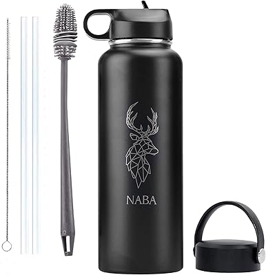 Water bottle with wide stainless steel neck of 1.2 l - double -walled thermos with silicone cleaning brush - coolest sports bottles - 2 lids and 2 straws, 40 oz, black.. DIAYTAR NIGERIA: Making quality products accessible to all Nigerians at affordable prices.