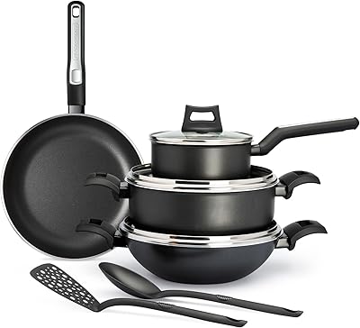 Black non -stick kitchen battery+9 -room Decker (frying stove, casserole, pan with handle and pan, 3 lids and 2 spoons), PTFE 5 -layer non -stick coating BxSGS15BME.. Discover thousands of products on DIAYTAR Nigeria — from fashion and electronics to home goods. We guarantee quick delivery and competitive pricing across the board.