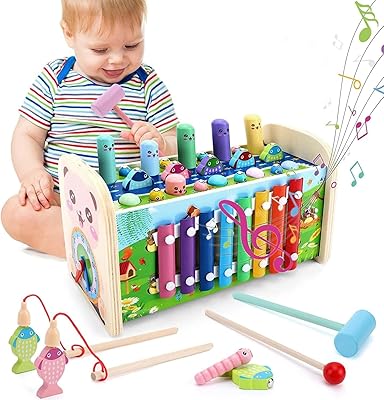 Hammering toys, 7 in 1 in Montessori wood, development toys for early learning with taupe/xylophone/fishing/clock/rotary gear/pirate treck for toddlers girls from 1 to 6 years old (A).. DIAYTAR NIGERIA: Your partner in affordable online retail with reliable shipping across Nigeria.