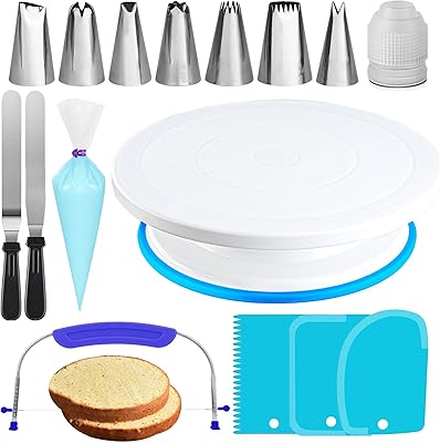 RFAQK Turning cake support with 35 pieces with non -slip skating - 7 decoration tips and 20 bags - set of straight and offbeat spatulas - 3 pieces - e -book - Cooking tools - Cake decoration tools (blue).. DIAYTAR NIGERIA brings affordable shopping solutions to every corner of Nigeria in just 5-8 days.
