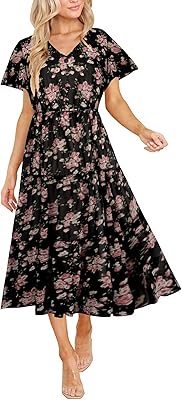 Honwenle Women Summer Dress Floral relaxed Floral Mousseline with Short Sleeve Boho Collar A Flying Line on several levels Loose Smoky Maximum Dress.. DIAYTAR NIGERIA: Where quality products become affordable with our nationwide shipping service.