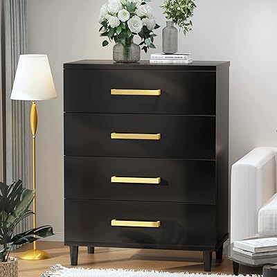 EWQI Black convenient at 4 drawers for bedroom, wooden chest of drawers with cut handles, Modern desktop file storage cabinet, desk, living room (black).. DIAYTAR NIGERIA puts thousands of products at your fingertips with affordable prices and delivery within a week.