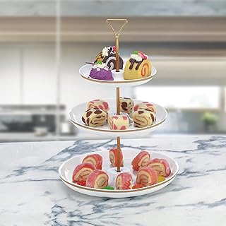 Round plate with 3 levels in tender porcelain 7/9/11 inch with golden support and label, service tray on several levels to present food, aperitifs and desserts, set of party service plates, gold, white/gold, dy178-dg.. DIAYTAR NIGERIA transforms online retail with unbeatable prices and consistent delivery timeframes.