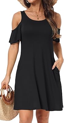Haomeili Women Summer Tunic with naked shoulders High Swing T-shirt Large dress with pockets.. DIAYTAR NIGERIA: Where shopping dreams become reality with affordable prices and prompt shipping.