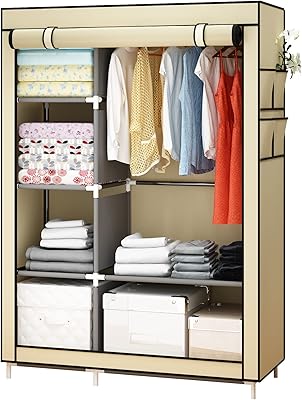 Accstare Cabinet in canvas, portable cabinet, clothing storage with 6 shelves and suspension rod, beige.. DIAYTAR Nigeria: Shopping that fits your budget and your schedule.