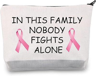 Canvas makeup bag with pink ribbon for awareness of cancer for survivors of chemotherapy and breast cancer in this family, nobody is fighting alone, bag against breast cancer.. Shop smart with DIAYTAR NIGERIA, offering a vast product range delivered to your doorstep within a week.