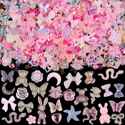 Yomillars Set of 3D ornaments for nail art with pink flowers and rhinestones, rose -cardable acrylic, butterfly, bow tie, crown, heart, bears, rabbit and stars for nail art and craft accessories designs.. DIAYTAR NIGERIA: Your partner in affordable e-commerce with dependable delivery across Nigeria.