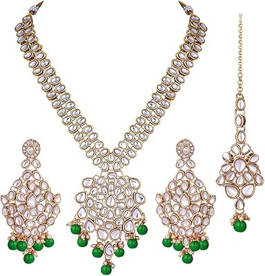 AHELI DESIGN Kundan synthetic pearls necklace with Mang Tikka set for Indian wedding, set of traditional ethnic jewelry for women.. DIAYTAR NIGERIA transforms online retail with unbeatable prices and consistent delivery timeframes.