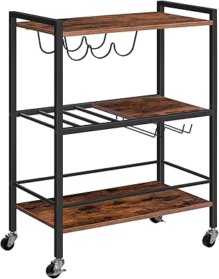 Hopro bar trolley on casters, 3 -level kitchen service trolley with glasses support and wine locker, freely swivel and lockable wheels, for dining room, rustic brown EBF35TC01.. DIAYTAR NIGERIA revolutionizes online shopping with competitive prices and reliable 5-8 day delivery.