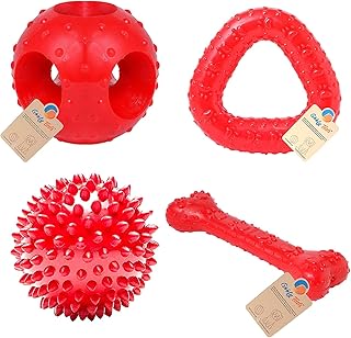Set of rubber toys for dog GOOFY TAils - 4 flavored bone toys, perforated ball, point ball and triple chewing ring (red, size l).. DIAYTAR Nigeria delivers happiness in 5–8 days, no matter what you buy.
