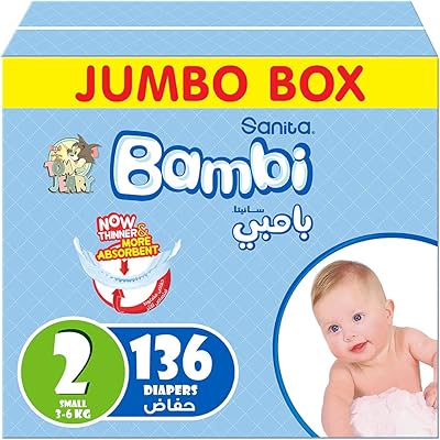 Sanita Bambi, size 2, small, 3-6 kg, jumbo package, 136 layers.. DIAYTAR NIGERIA: Your trusted marketplace that combines variety, affordability and reliable shipping.