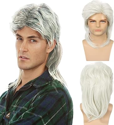 Curly mullet wigs Petellef for men, rocker costume from the 80s, fancy festive accessory, long and shaggy cosplay wig, gray mullet wig for women (silver gray).. DIAYTAR NIGERIA stands as your affordable shopping ally with nationwide delivery in just 5-8 days.