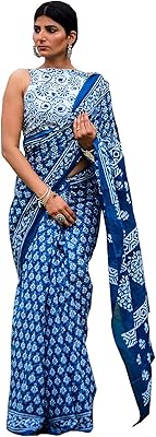 Shiverya handicrafts sari mumul in indigo print cotton for women, attached blouse (indigo), multicolored, 5.5 m.. Get top brands at bottom prices, only on DIAYTAR Nigeria.
