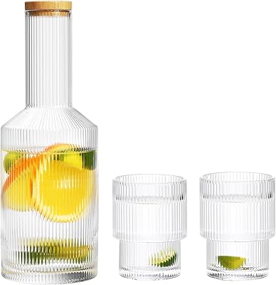 Nino ribbed ribbed glass pitcher, set of 2 cups, ribbed glass cups for bedside table, antique fluted water pit of 27 oz - transparent.. DIAYTAR NIGERIA: Where affordable shopping meets reliable nationwide delivery in less than a week.