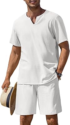 Men's summer yoga clothing, two cotton and linen sets, Henley shirt with short sleeves and relaxed beach shorts.. Shop confidently with DIAYTAR NIGERIA, offering affordable prices and reliable delivery within a week.