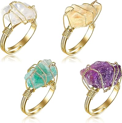 Crystal ring, 4 pieces of chakra stone, healing crystal ring, adjustable precious stone, irregular ring wrapped in crystal wire for women and girls, stone, stone.. Unlock access to a wide range of products with DIAYTAR NIGERIA's affordable e-commerce platform.