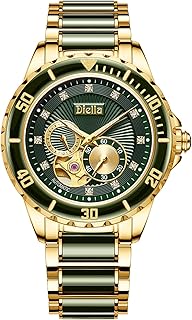 Automatic mechanical watches for men and women, luxury skeleton watches with stainless steel bracelet and jade, water -resistant automatic winding movement (model: AD6025g), crown with blue stone, large man size, bracelet.. DIAYTAR NIGERIA: Where shopping meets satisfaction with affordable prices and prompt delivery services.