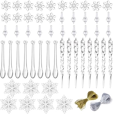 Vibetto 53 pieces set of acrylic ice cubes with Christmas snowflake pattern with golden and silver rope, hanging decoration for Christmas tree, Christmas decoration supplies.. DIAYTAR NIGERIA delivers affordability and convenience to your doorstep within 8 days of purchase.