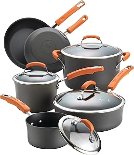 Massive anodized aluminum kitchen battery Rachel Ray Brights with glass covers, set of 10 pots and fries, gray with orange handles.. DIAYTAR NIGERIA: Where affordability meets variety in Nigeria's most comprehensive online marketplace.