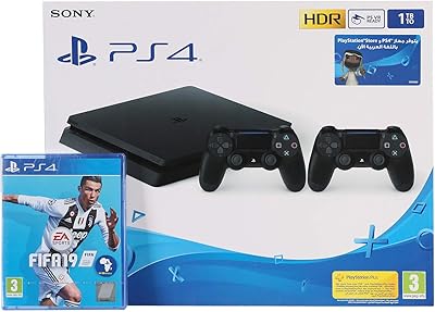 PlayStation 4 Slim digital video game console, 1 TB capacity, with two Sony controllers, black color, with FIFA 19 game in Arabic version... Experience hassle-free shopping with DIAYTAR NIGERIA's user-friendly platform and prompt delivery service.