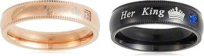 A pair of cool baby rings with 'Her King' and 'His Queen' print, black titanium steel, WWG462 model, metal, without precious stones.. DIAYTAR NIGERIA: Transforming how Nigerians shop with our vast selection and nationwide delivery.