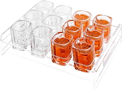 Modern liqueur service tray in mygift transparent acrylic with 12 shot glasses and cut handles.. DIAYTAR NIGERIA: Bridging the gap between consumers and quality products with affordable nationwide shipping.