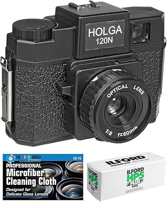 Medium camera Holga format 120N (black) with ILFORD HP5 120 film pack and microfiber cloth.. DIAYTAR NIGERIA brings the joy of affordable shopping to your fingertips with delivery in less than 8 days.