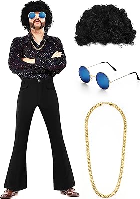 Set of disco costumes including a shiny shiny disco for men, pants, an Afro funky wig, a necklace and sunglasses for the 1960s/70/90/90 festival.. Shop with confidence at DIAYTAR NIGERIA, offering thousands of products with budget-friendly shipping.