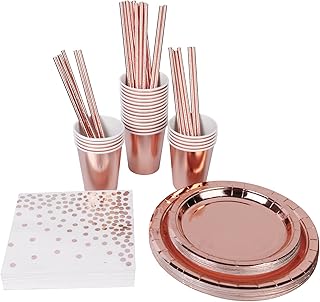 Beauty 146 pieces of festive supplies in pink gold, aluminum dishes, paper plates, towels, cups and straws for wedding, birthday and birthday party - 24 guests.. DIAYTAR NIGERIA transforms how Nigerians shop with our affordable prices and dependable shipping times.