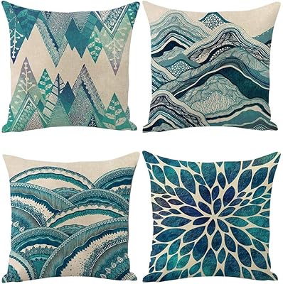 Set of 4 decorative cushion covers ocean Bohemian cotton ocean and sarcelle blue linen for car sofa bed (45 x 45 cm).. Shop from anywhere in Nigeria and receive your DIAYTAR purchases at affordable prices within a week.