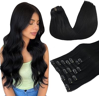 Hair extensions with clips in human hair, 16 inches, 120 g, 7 pieces, Maxita Jet Black Natural Hair Extensions with Clips, Natural and Thick Hair Extensions for Women.. DIAYTAR NIGERIA: Your affordable shopping destination with thousands of products delivered in days.
