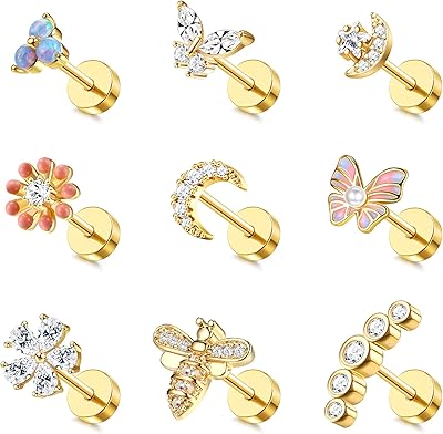 9 pieces of earrings in surgical steel cartilage for women, flat back earrings in opal, butterfly, flower and cubic zirconia.. DIAYTAR NIGERIA puts thousands of products at your fingertips with affordable prices and delivery within a week.