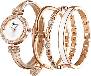 Set of elegant women's watches, 4 pieces of watches for women with bracelet, analog diamond quartz watches with stainless steel bracelet, watch and bracelet in pink gold.. DIAYTAR NIGERIA transforms dreams into deliveries with our affordable prices and 5-8 day shipping.
