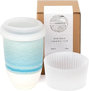 Nova Ceramics Ceramic Travel Coffee Mug with cover, ceramic suburban cup, porcelain travel cups, ceramic cup with lid, microwave, washable in the dishwasher, 12 oz, blue frosting on white sand clay, lagoon lagoon.. DIAYTAR NIGERIA: Creating access to affordable products for every Nigerian with our swift delivery service.