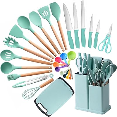 ISO non -stick kitchen battery, 29 rooms, spatulas and kitchen knives, set of silicone kitchen utensils with stainless steel knives and silicone kitchen battery with support (green).. Join thousands of satisfied shoppers on DIAYTAR Nigeria.
