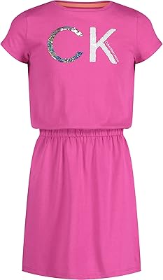 Short sleeve sweater dress for Calvin Klein girl with round neck and brand logo in purple pink 22, size S7.. Unlock a world of affordable products with DIAYTAR NIGERIA's expansive e-commerce platform.