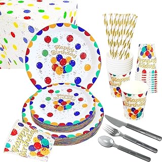 Set of disposable dishes for Mikacos birthday party, paper plates with colored balloon pattern, including dinner plates, dessert plates, a tablecloth, a knife, a fork, a spoon and a straw for the decoration of party.. DIAYTAR NIGERIA: Where shopping meets satisfaction with affordable prices and delivery within 8 days.