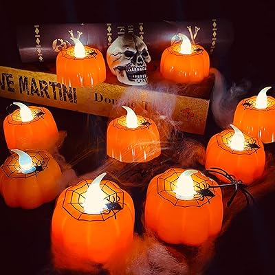 Goronb Set of 12 realistic pumpkin-shaped pumpkin heaters without flame with a ghost face for fall, Halloween, fireplace, outdoor party decorations (spider style), 12 pieces.. Nigeria shops with DIAYTAR — wide selection, fast shipping, and great value.