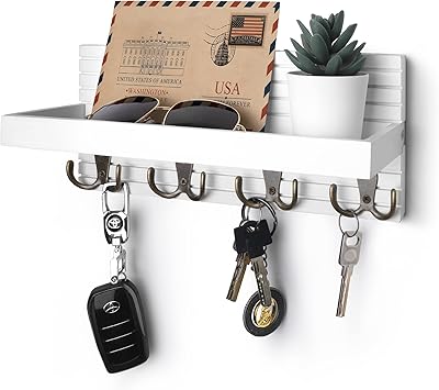 Nomed white white wooden keychain - Wall mail organizer and keychain - Modern farm entrance shelf with 4 double brass hooks - Decorative support for car and wallet keys and wallets.. Fast. Reliable. Affordable. DIAYTAR Nigeria is all that and more.