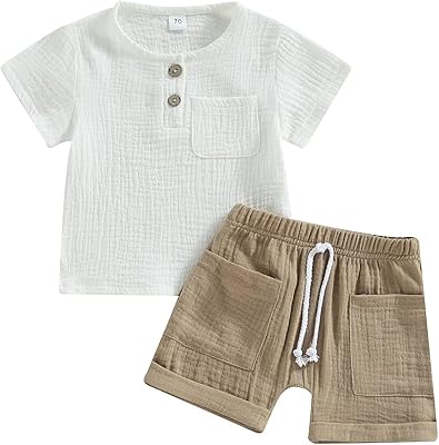 Linen summer clothes for boys, plain color, short-sleeved, t-shirts, relaxed shorts, outfits for toddlers 0-3T.. Shop smart, shop DIAYTAR - Nigeria's most affordable e-commerce platform with nationwide delivery.