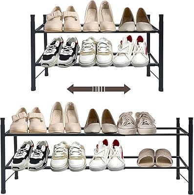 Stacked metal shoe shelf, extendable and adjustable shoe organizer for bedroom, living room, closet, bedroom entrance (2 levels and black).. DIAYTAR NIGERIA: Redefining online shopping with unbeatable prices and consistent delivery times.