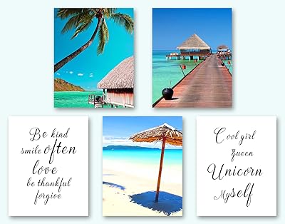 Wall poster on the Maldives beach, Chalet des Maldives, photos of palm trees, bathroom decoration, set of 5 rooms (8 "x 10", without frame).. Shop the smart way with DIAYTAR Nigeria — fast delivery, affordable everything.