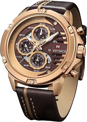 Men's military sports watches for men, waterproof analog watch with quartz movement and leather bracelet with display of the date and calendar, rose gold, quartz watches.. DIAYTAR NIGERIA combines extensive variety with budget-friendly prices and prompt nationwide delivery.