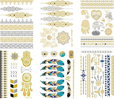 Bounty 6 Temporary metal tattoos sheets for girls and adolescent girls, durable tattoo stickers with golden glitter waterproof for beach, festival, party (gold).. Experience the DIAYTAR difference with our vast product selection and delivery within 5-8 days.