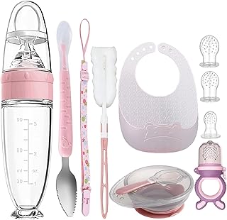 Set of 11 fruit feeders for baby, fruit teeth ring with 3 silicone tears sizes, 1 baby feed spoon, 1 bib, 1 set of spoons for baby food supplement bowl (pink).. DIAYTAR NIGERIA: Where affordability and variety come together with nationwide 5-8 day delivery.