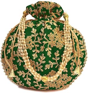 Embroidered silk jar bag with patua pearls and Indian ethnic pattern with bag handle.. DIAYTAR NIGERIA: The marketplace that brings affordable products to every Nigerian home in under 8 days.