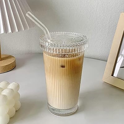Glass striped coffee cup with lid and straw, water cups, iced coffee, milk, tea, juice (a-strip).. DIAYTAR NIGERIA: Making online retail accessible to all with affordable nationwide shipping.